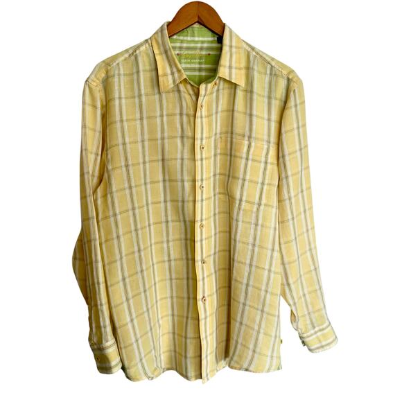 Indigo Palms Denim Company 100% Linen Yellow Plaid Button Down Shirt Mens LG - Picture 1 of 11